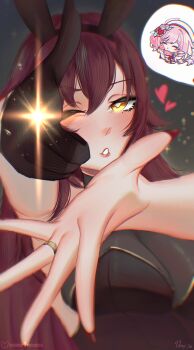 2girls absurdres alternate_costume animal_ears artist_name black_gloves black_leotard breasts commentary eden_(honkai_impact) elysia_(hi_love_elf)_(honkai_impact) elysia_(honkai_impact) english_commentary fake_animal_ears finger_gun gloves grey_background heart hibahria highres honkai_(series) honkai_impact_3rd large_breasts leotard multiple_girls official_art_inset one_eye_closed pink_hair playboy_bunny purple_hair rabbit_ears simple_background single_glove spoken_character yellow_eyes