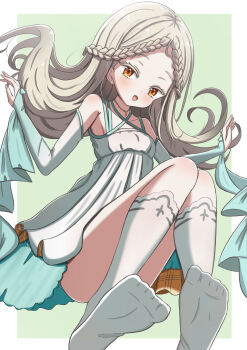 1girl :d absurdres bare_shoulders blush braid braided_bangs breasts bridal_gauntlets commentary_request convenient_leg criss-cross_halter dress earrings elbow_gloves feet full_body gakuen_idolmaster gloves green_background grey_hair halterneck highres idolmaster jewelry jiu_(sdesd3205) kneehighs knees_up long_hair looking_at_viewer no_shoes open_mouth orange_eyes parted_bangs shinosawa_hiro simple_background sleeveless sleeveless_dress small_breasts smile socks soles solo stud_earrings thick_eyelashes toes white_dress white_socks