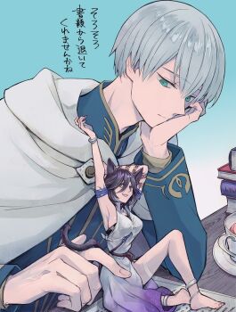 1boy 1girl animal_ear_fluff animal_ears barefoot blue_background breasts cat_ears cat_girl closed_mouth commentary_request gradient_background green_eyes grel_(r6hgvu5) kemonomimi_mode large_breasts octopath_traveler octopath_traveler_ii open_mouth short_hair sitting smile tail temenos_mistral throne_anguis translation_request