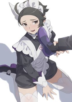 2boys :d alternate_costume amakara000 apron black_shoes brown_eyes commentary_request corbeau_(pokemon) enmaided highres holding_another&#039;s_ankle light_blush long_sleeves lower_teeth_only maid maid_headdress male_focus multiple_boys nintendo open_mouth paxton_(pokemon) pokemon pokemon_legends:_z-a raised_inner_eyebrows shoes smile sweat teeth thighhighs white_apron white_thighhighs