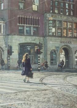 1girl absurdres apartment bicycle brick_wall building commentary_request day highres naohiro_ito oil_painting_(medium) original painting_(medium) railroad_tracks realistic road scenery shadow solo street sunlight traditional_media window