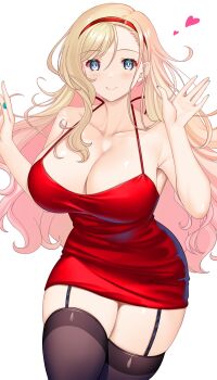 1girl bare_arms bare_shoulders black_thighhighs blonde_hair blue_eyes blush breasts cleavage closed_mouth collarbone cowboy_shot dress garter_straps hairband hands_up hataraki_kuma heart highres large_breasts long_hair looking_at_viewer nail_polish original pink_hair red_dress red_hairband red_nails short_dress sleeveless sleeveless_dress smile solo thighhighs very_long_hair zettai_ryouiki