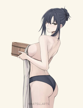 1girl absurdres angelia_(girls'_frontline) artist_name ass black_panties breasts brown_background brown_eyes bucket closed_mouth commentary girls'_frontline hair_over_one_eye highres holding holding_bucket looking_at_viewer matsu_arts panties scar scar_on_face short_hair_with_long_locks simple_background solo towel twitter_username underwear