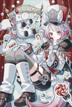 1boy :o absurdres black_shorts blunt_bangs blush brown_shoes candy candy_cane commentary_request cross-shaped_pupils drop_shadow food frilled_sleeves frills full_body gloves green_eyes grey_hair grey_thighhighs hat highres kneehighs lollipop long_sleeves looking_at_viewer male_focus new_year open_mouth original red_hat shirt shoes short_hair shorts socks solo star_(symbol) suzaku_(zaku6584) swirl_lollipop symbol-shaped_pupils thighhighs unicorn white_gloves white_shirt white_socks wide_sleeves wrapped_candy