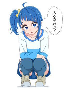 1girl absurdres ahoge blue_eyes blue_hair blue_shirt blue_skirt blue_thighhighs bow commentary cut_bangs full_body hair_bow hakuino_hakase hands_on_own_thighs head_tilt highres hirogaru_sky!_precure long_sleeves looking_at_viewer medium_hair miniskirt motion_lines open_mouth precure shirt shoes side_ponytail simple_background single_sidelock skirt solo sora_harewataru squatting thighhighs translated two-tone_shirt white_background white_shirt yellow_bow yellow_shoes