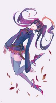 1girl anklet badge belt black_order_uniform blue_belt blue_jacket blue_thighhighs buttons chain cross d.gray-man falling_petals floating floating_hair flying full_body gold_chain gradient_hair grey_background grey_hair hair_between_eyes high_heels highres horizontal-striped_belt jacket jewelry legs lenalee_lee long_hair long_sleeves looking_at_viewer military military_uniform miniskirt multicolored_hair orange_hair parted_lips petals pink_anklet pink_hair pink_shoes pink_skirt pleated_skirt purple_eyes purple_hair red_petals shoes sidelocks simple_background skirt solo someaka striped_belt striped_clothes striped_jacket thighhighs thighs turtleneck turtleneck_jacket twintails vertical-striped_clothes vertical-striped_jacket very_long_hair wide_sleeves zettai_ryouiki