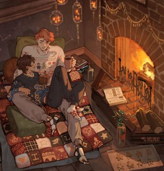 2boys artist_name baking_sheet black_pants blanket book bottle brown_hair christmas_sweater commentary constellation_print countdown_to_countdown cup english_commentary fire fireplace firewood food gingerbread_cookie grey_pants hanging_lantern highres holding holding_cup holly hot_chocolate icing indoors iris_black lillium_white marshmallow mechanical_legs midriff_peek multiple_boys on_blanket open_book open_mouth orange_eyes pants pillow pink_hair profile quilt short_hair sitting sitting_on_lap sitting_on_person slice_of_life socks sweater teeth upper_teeth_only vase velinxi white_socks wooden_floor