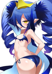 Rule 34 | 1girl, ass, bare shoulders, bikini, blue bikini, blue cape, blue hair, blush, bombergirl, breasts, cape, crown, drill hair, hair between eyes, highres, lewisia aquablue, long hair, looking at viewer, micro bikini, open mouth, pointy ears, popped collar, shimejinameko, small breasts, smile, solo, swimsuit, thick thighs, thighs, tongue, tongue out, twin drills, yellow eyes