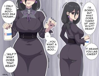 1girl ? ass black_hair black_nails bottle breasts commentary dress earrings english_text grumbler2393 hair_between_eyes hex_maniac_(pokemon) hex_maniac_(pokemon_legends:_z-a) holding holding_bottle jewelry large_breasts long_hair looking_back mature_female milk_bottle moomoo_milk multiple_views nail_polish neck_ribbon nintendo outline pokemon pokemon_legends:_z-a purple_ribbon raised_inner_eyebrows ribbon signature solo speech_bubble sweatdrop