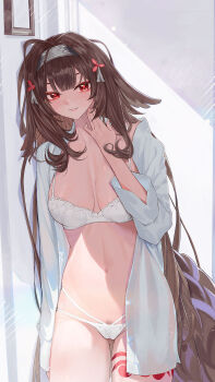 1girl against_wall areola_slip bra breasts brown_hair brown_tail cameltoe clover_hair_ornament collarbone commentary_request cowboy_shot female_pubic_hair gluteal_fold grey_hairband hair_ornament hairband hand_on_own_neck highres indoors leg_tattoo long_hair long_shirt looking_at_viewer luirck medium_breasts navel panties parted_lips picture_frame pubic_hair pubic_hair_peek red_eyes shadow shirt silver_hairband single_bare_shoulder solo stomach string_panties tattoo unbuttoned underwear very_long_hair white_bra white_panties white_shirt ye_shunguang zenless_zone_zero