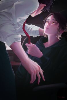 2boys absurdres backlighting chair clothes_pull collared_shirt computer gaming_chair haikyuu!! highres hood hoodie imminent_kiss kozume_kenma kuroo_tetsurou monitor multiple_boys necktie office_chair pulling_another's_clothes shirt simple_background swivel_chair white_shirt yaoi