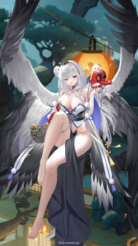 1girl architecture bare_shoulders barefoot black_eyes black_hat blue_eyes breasts character_request cleavage clothing_cutout east_asian_architecture floating full_body ghost grey_wings hand_fan hat highres hitodama holding holding_fan houchi_shoujo lantern large_breasts leg_up long_hair mask navel_cutout official_art outdoors pale_skin paper_lantern tengu tengu_mask toenails tongue tongue_out tree very_long_hair white_hair white_wings wings