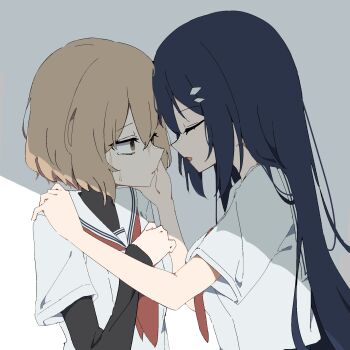 2girls black_hair brown_eyes brown_hair closed_eyes commentary_request giryu hand_on_another&#039;s_face highres layered_sleeves long_hair long_sleeves multiple_girls neckerchief open_mouth oumi_shiori parted_lips red_neckerchief sailor_collar school_uniform serafuku shade shirt short_over_long_sleeves short_sleeves sweat undershirt upper_body watashi_wo_tabetai_hitodenashi white_sailor_collar white_shirt yaotose_hinako yuri