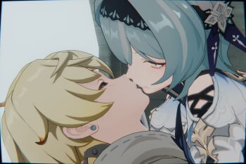 Rule 34 | 1boy, 1boy1girls, 1girl, assertive female, b-banto, blonde hair, blue background, blue earrings, blue gloves, blue hair, clothing cutout, day, eula (genshin impact), femdom, french kiss, genshin impact, gloves, hair between eyes, hair ornament, hairband, highres, kiss, long sleeves, mika (genshin impact), orange eyes, photo (medium), reverse ryona, self-upload, shoulder cutout, unconscious, wide sleeves