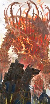 Rule 34 | 3others, absurdres, armor, barding, elden ring, elden ring: shadow of the erdtree, fire, full armor, furnace golem, giant, giant monster, hammer, helmet, highres, holding, holding weapon, horse, horseback riding, knight, multiple others, nslacka, outdoors, riding, shield, sword, war hammer, weapon