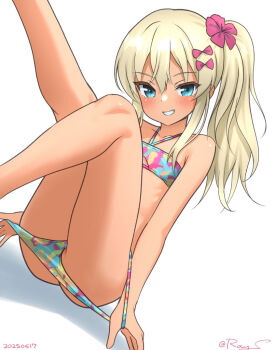 1girl bikini bikini_pull blonde_hair blue_eyes clothes_pull commentary_request feet_out_of_frame flat_chest grecale_(kancolle) halterneck kantai_collection loli long_hair looking_at_viewer official_alternate_costume parted_lips ray.s side_ponytail simple_background smile solo swimsuit white_background