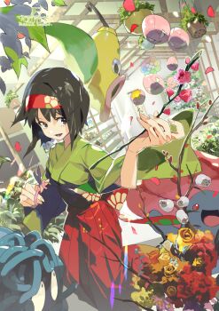 1girl black_eyes black_hair branch bud e_volution erika_(pokemon) exeggcute flower foreshortening gen_1_pokemon green_kimono greenhouse hairband hakama hanging_plant hanging_scroll holding holding_branch holding_scissors indoors japanese_clothes kimono light_rays looking_at_object looking_to_the_side nintendo obi open_mouth outstretched_arm petals pink_flower plant pokemon pokemon_lgpe potted_plant print_sash red_flower red_hairband red_hakama sash scissors scroll shelf short_hair signature smile solo sunbeam sunlight tangela vileplume weepinbell wide_sleeves yellow_flower