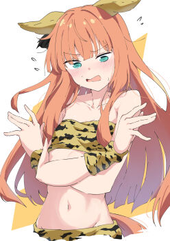 1girl @_@ absurdres alternate_costume animal_ears animal_print aqua_eyes bandeau bare_shoulders bikini blue_eyes blunt_bangs blush breasts collarbone commentary_request ear_covers highres hime_cut horse_ears horse_girl horse_tail long_hair looking_at_viewer navel open_mouth orange_hair orange_tail pandoa_(mikage0495) print_bikini setsubun silence_suzuka_(umamusume) small_breasts solo stomach sweat swimsuit tail tiger_print two-tone_background umamusume white_background yellow_background yellow_bikini