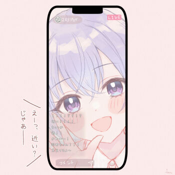 1girl :d blush_stickers cellphone collared_shirt dress_shirt gameso hand_up idolmaster idolmaster_shiny_colors livestream open_mouth phone pink_background purple_eyes purple_hair shirt smile solo suzuki_hana translation_request white_shirt