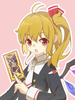 Rule 34 | 1girl, alternate costume, between fingers, black shirt, blonde hair, card, card between fingers, cardcaptor sakura, collared shirt, commentary, cosplay, crystal, crystal wings, edsky0309, flandre scarlet, highres, holding, looking at viewer, multicolored wings, necktie, one side up, open mouth, outline, pink background, red eyes, shirt, solo, symbol-only commentary, touhou, white necktie, white outline, wings