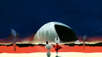 3girls absurdres ambiguous_red_liquid arthropod_girl beach black_skin bodysuit cloak colored_skin crucifixion faceless from_behind grand_mother_silk_(hollow_knight) grand_reed_(hollow_knight) hat hdhenry highres hollow_knight hollow_knight:_silksong horned_mask hornet_(hollow_knight) horns lace_(hollow_knight) mask multiple_girls neon_genesis_evangelion no_humans no_mouth red_cloak shadow sitting sky standing star_(sky) starry_sky the_end_of_evangelion white_bodysuit white_hair white_hat white_mask