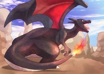 alternate_color blue_sky charizard claws commentary_request fire flame-tipped_tail from_side full_body gen_1_pokemon highres looking_ahead nintendo no_humans omega_takai orange_eyes outdoors pokemon pokemon_(creature) shiny_pokemon sky tail