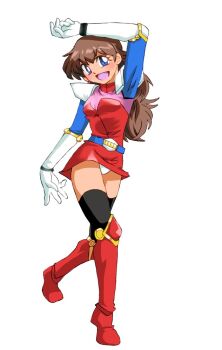 1girl arms_up bandai_namco bel blue_eyes blush body_control boots bracelet breasts brown_hair cleavage commentary crossover dancing dress gloves jewelry kanda_momo long_hair long_sleeves looking_at_viewer mixed-language_commentary monolith_soft onnaski open_mouth project_x_zone red_boots smile solo solo_focus thighhighs thighs underwear white_gloves wonder_momo