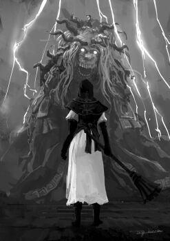 Rule 34 | 1girl, 1other, black bodice, black boots, black capelet, black gloves, boots, capelet, commentary, divine beast dancing lion, elden ring, elden ring nightreign, english commentary, flanged mace, full body, gloves, glowing, glowing eyes, greyscale, highres, holding, holding mace, holding weapon, horns, lightning, mace, monochrome, monster, nun, signature, standing, tripdancer, undertaker (elden ring), weapon, white coif