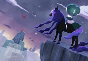 calyrex calyrex_(rider) cloud commentary_request dutch_angle galarian_articuno galarian_form galarian_moltres galarian_zapdos gen_8_pokemon highres horse legendary_pokemon nintendo outdoors pokemon pokemon_(creature) pokemon_focus riding riding_pokemon seyana_(seyanaillust) sky spectrier