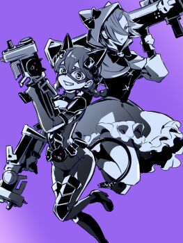 2girls animal_ears black_cat_(nyanko_daisensou) bodysuit bow cat_ears commentary_request cosplay costume_switch domino_mask dual_wielding elico_nya eye_mask greyscale_with_colored_background grin gun hair_between_eyes holding hood hood_up looking_at_viewer m1_bazooka mask minya_(nyanko_daisensou) multiple_girls nyanko_daisensou purple_background rocket_launcher simple_background smile weapon