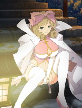 1girl blush bow breasts bridal_gauntlets brown_hair chemicals cleavage cleavage_cutout clothing_cutout curly_hair gold_trim grass green_eyes hair_bow hair_ribbon haruka_(senran_kagura) high_heels holding holding_test_tube huge_breasts lab_coat lantern leaf linea_alba looking_at_viewer moss navel night official_art panties pink_bow pink_shoes plant ribbon senran_kagura senran_kagura_new_wave senran_kagura_shoujo-tachi_no_shin&#039;ei shoes short_hair sitting sitting_on_stairs smile solo stairs stone_stairs test_tube thighhighs tree underwear white_panties white_thighhighs