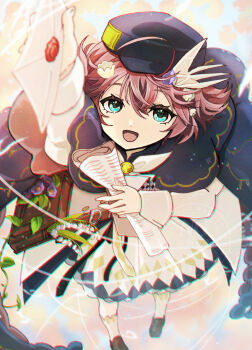 1girl :d arm_up bird_hair_ornament black_cape black_hat blue_eyes brown_bag brown_hair brown_shoes cape coat dress envelope flower flutterpage flutterpage_(gently_comes_the_thawing_breeze) from_above full_body hair_flower hair_ornament hat highres holding holding_envelope holding_letter holding_newspaper letter lily_of_the_valley looking_at_viewer mailbag newspaper official_alternate_costume ohuman open_mouth origami paper_crane reverse:1999 shoes short_hair short_twintails smile socks solo standing twintails wax_seal white_coat white_dress white_flower white_socks
