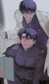 2boys abs bag black_coat black_hair black_shirt breath chest_belt coat collared_shirt highres holding holding_bag holding_paper kim_dokja male_focus multiple_boys omniscient_reader&#039;s_viewpoint open_clothes open_coat paper paradero_91 popped_collar shirt short_hair snowflakes snowing white_coat yoo_joonghyuk