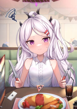 Rule 34 | 3girls, bare arms, bare shoulders, bendy straw, blue archive, blush, breasts, center frills, closed mouth, collared shirt, commentary, drink, drinking straw, fork, frills, fuuka (blue archive), halo, haruna (blue archive), highres, hina (blue archive), holding, holding fork, holding knife, horns, ice, ice cube, indoors, iroha (blue archive), knife, long hair, looking at viewer, multiple girls, multiple horns, okosama lunch, one side up, parted bangs, pennant, purple eyes, shirt, sleeveless, sleeveless shirt, small breasts, solo focus, squiggle, string, string of fate, sweat, table, uneg, v-shaped eyebrows, very long hair, white hair, white shirt