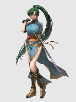 Rule 34 | 1girl, bare legs, blue dress, boots, breasts, brown boots, closed mouth, delsaber, dress, earrings, fingerless gloves, fire emblem, fire emblem: the blazing blade, full body, gloves, green eyes, green hair, high ponytail, highres, jewelry, large breasts, long hair, lyn (fire emblem), nintendo, pelvic curtain, ponytail, rope belt, short sleeves, side slit, simple background, smile, solo, sword, tiptoes, very long hair, weapon
