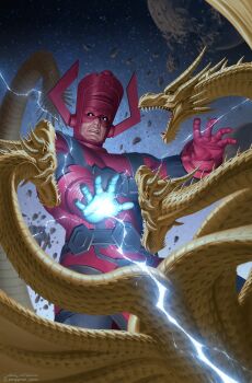 1boy alien armor black_sclera blue_background blue_eyes blue_trim colored_sclera comic_cover commentary cowboy_shot crossover dragon electricity electrokinesis english_commentary fake_horns fantastic_four fighting galactus giant giant_monster gloves glowing glowing_hand godzilla_(series) gradient_background helmet highres horned_helmet horns hydra kaiju king_ghidorah looking_at_another marvel monster multiple_heads official_art open_mouth pink_armor pink_gloves pink_helmet planet signature space_monster teeth toho twitter_username yellow_scales yoon_junggeun