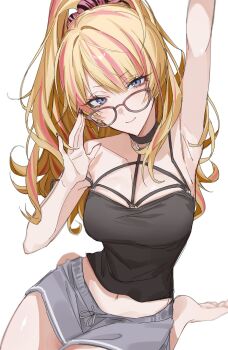 1girl absurdres adjusting_eyewear armpit_crease armpits black_camisole blonde_hair blue_eyes blunt_bangs blush breasts camisole glasses gumi_070 gyaru hair_ornament hair_scrunchie half-closed_eyes high_ponytail highres kotoka_torahime kotoka_torahime_(3rd_costume) long_hair looking_at_viewer medium_breasts multicolored_hair nail_polish navel nijisanji nijisanji_en official_alternate_costume official_alternate_hairstyle pink_hair pink_nails pink_streaks ponytail scrunchie single_off_shoulder sitting solo spaghetti_strap strap streaked_hair virtual_youtuber wariza