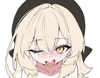 1girl black_hat blonde_hair blue_archive blush collarbone green_eyes hair_between_eyes hat heart heart-shaped_pupils ka_keo long_hair looking_at_viewer one_eye_closed open_mouth professor_niyaniya_(blue_archive) saliva simple_background solo symbol-shaped_pupils teeth tongue tongue_out upper_teeth_only white_background