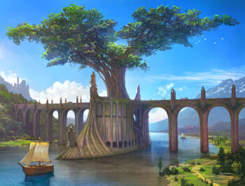 animal arch artist_name bird blue_sky bridge building cart castle cloud cloudy_sky commentary_request day fantasy flock giant_tree highres horse k-takano lake medieval mountain original outdoors path reflection road sail scenery ship signature sky statue tree water watercraft