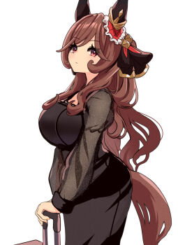 1girl alternate_hairstyle animal_ears black_dress blush breasts brown_hair closed_mouth dress ear_covers ear_ornament gentildonna_(umamusume) hair_between_eyes heart-shaped_ornament heart_ear_ornament horse_ears horse_girl horse_tail large_breasts long_hair long_sleeves looking_at_viewer nieto_tokage red_eyes see-through_clothes see-through_sleeves simple_background solo suitcase tail umamusume white_background