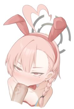 1boy 1girl absurdres ahoge animal_ears asymmetrical_bangs blue_archive blush bow bowtie braid breasts detached_collar fake_animal_ears fellatio hair_behind_ear hetero highres loli medium_hair mole mole_under_eye neru_(blue_archive) neru_(bunny)_(blue_archive) nipples oral peachyp penis pink_hair playboy_bunny rabbit_ears red_bow red_bowtie red_eyes simple_background single_braid small_breasts solo_focus uncensored upper_body white_background