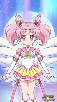 1girl adult_swim angel_wings bishoujo_senshi_sailor_moon bishoujo_senshi_sailor_moon_r bishoujo_senshi_sailor_moon_r:_the_movie bishoujo_senshi_sailor_moon_s bishoujo_senshi_sailor_moon_s:_the_movie bishoujo_senshi_sailor_moon_s_the_movie:_kaguya-hime_no_koibito bishoujo_senshi_sailor_moon_supers bishoujo_senshi_sailor_moon_supers:_the_movie bishoujo_senshi_sailor_moon_supers_the_movie:_sailor_9_senshi_shuuketsu!_black_dream_hole_no_kiseki chibi_usa e.choe_(artist) highres pink_eyes pink_hair sailor_chibi_moon sailor_senshi_uniform solo super_sailor_chibi_moon super_sailor_chibi_moon_(stars) toei_company toonami wings