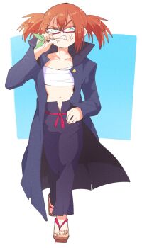 Rule 34 | 1girl, alternate costume, anger vein, angry, banchou, black coat, black pants, blue eyes, brown hair, chest sarashi, clenched teeth, coat, commission, delinquent, full body, geta, glasses, hand up, highres, inkerton-kun, looking at viewer, love live!, love live! school idol festival, mouth hold, multicolored eyes, navel, pants, red-framed eyewear, sarashi, second-party source, semi-rimless eyewear, solo, stalk in mouth, takamagahara mutsuki, teeth, twintails, under-rim eyewear, v-shaped eyebrows, yellow eyes