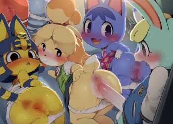 1boy 5girls @_@ animal_crossing animal_ears ankha_(animal_crossing) anus ass black_eyes blonde_hair blush blush_stickers body_fur caroline_(animal_crossing) cat_ears cat_girl cat_tail dagasi dog_girl from_behind furry furry_female furry_male furry_with_furry hetero highres isabelle_(animal_crossing) loli lolly_(animal_crossing) looking_back multiple_girls nintendo open_mouth panties panty_pull penis pussy pussy_juice rabbit_boy rosie_(animal_crossing) sasha_(animal_crossing) squirrel_girl tail topknot uncensored underwear white_panties yellow_fur