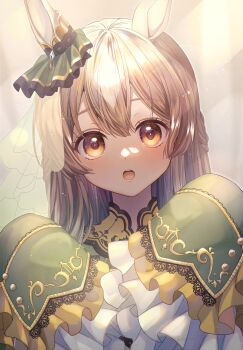 1girl absurdres animal_ears blush brown_eyes brown_hair commentary_request ear_ornament green_sleeves hair_between_eyes hana_arare highres horse_ears horse_girl light_particles looking_at_viewer multicolored_hair open_mouth satono_diamond_(natural_brilliance)_(umamusume) satono_diamond_(umamusume) sleeves_past_fingers sleeves_past_wrists solo streaked_hair teeth umamusume upper_body upper_teeth_only white_streaks