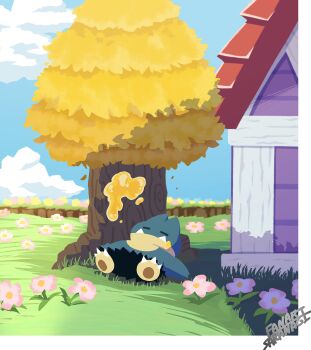 absurdres blue_sky building closed_eyes closed_mouth cloud fangs flower gen_4_pokemon grass highres honey honey_tree_(pokemon) lying munchlax nintendo no_humans on_back outdoors pokemon pokemon_(creature) pokemon_dppt sakanagi_(a_r_co) sky sleeping tree