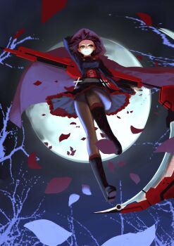 1girl absurdres black_eyes black_hair boots cloak cross female_focus full_moon gothic_lolita highres hood hooded_cloak knee_boots lolita_fashion moon moonlight pantyhose petals rose_petals ruby_rose rwby scythe short_hair solo weapon yuuuuuuuuuuuuka