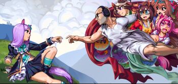1boy 5girls absurdres animal_ears bald brown_hair cloud cup daiwa_scarlet_(peak_blue)_(umamusume) daiwa_scarlet_(umamusume) el_condor_pasa_(el_numero_1)_(umamusume) el_condor_pasa_(umamusume) eye_mask fine_art_parody gameplay_mechanics glasses grass haru_urara_(bestest_prize)_(umamusume) haru_urara_(umamusume) headphones highres horse_ears horse_girl jacket mask mejiro_mcqueen_(frontline_elegance)_(umamusume) mejiro_mcqueen_(umamusume) multiple_girls northernlion parody pink_hair purple_hair real_life sitting skirt starting_future_(umamusume) symboli_rudolf_(emperor&#039;s_path)_(umamusume) symboli_rudolf_(umamusume) teacup the_creation_of_adam track_suit twosipsofbleach umamusume
