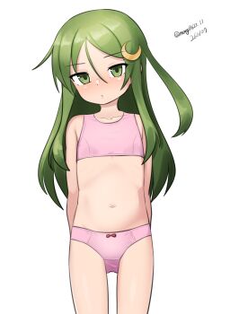 1girl absurdres arms_behind_back bra cowboy_shot crescent crescent_hair_ornament dated gluteal_fold green_eyes green_hair hair_between_eyes hair_ornament highres kantai_collection loli long_hair looking_at_viewer loose_hair_strand maru_(marg0613) nagatsuki_(kancolle) one-hour_drawing_challenge panties pink_bra pink_panties simple_background solo sports_bra twitter_username underwear white_background