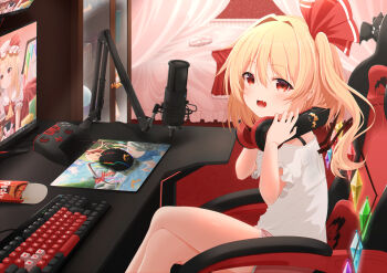 Rule 34 | 1girl, absurdres, bed, blonde hair, brand name imitation, cabinet, chair, commentary request, computer mouse, controller, crystal wings, desk, fang, flandre day, flandre scarlet, game controller, headphones, headphones around neck, highres, microphone, microphone stand, monitor, mousepad (object), on chair, open mouth, pointy ears, red eyes, red skirt, rense 1010 (number nanashi), shirt, shorts, sitting, skirt, solo, touhou, unworn skirt, white shirt, wings